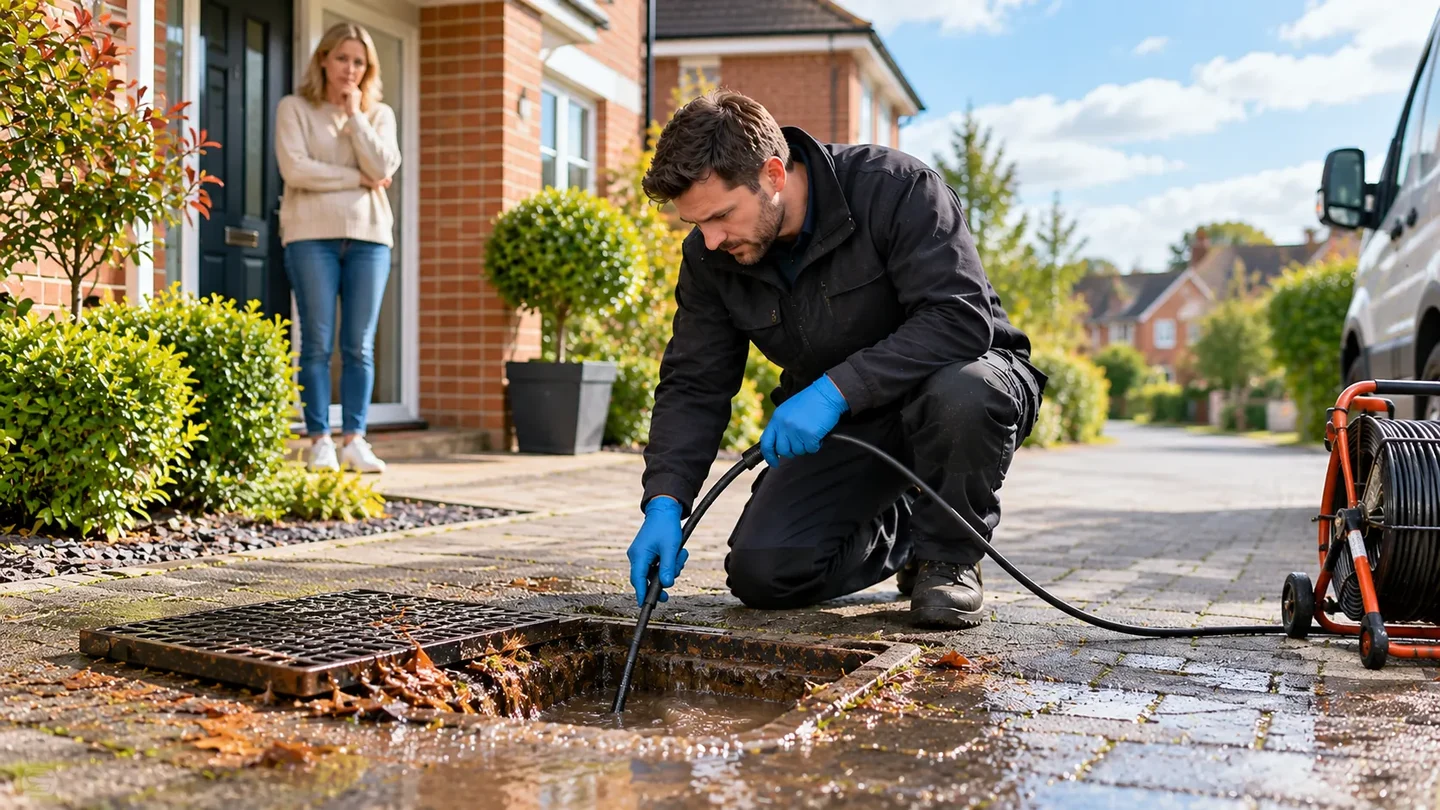 Drain specialist clearing an outside inspection chamber at a British home