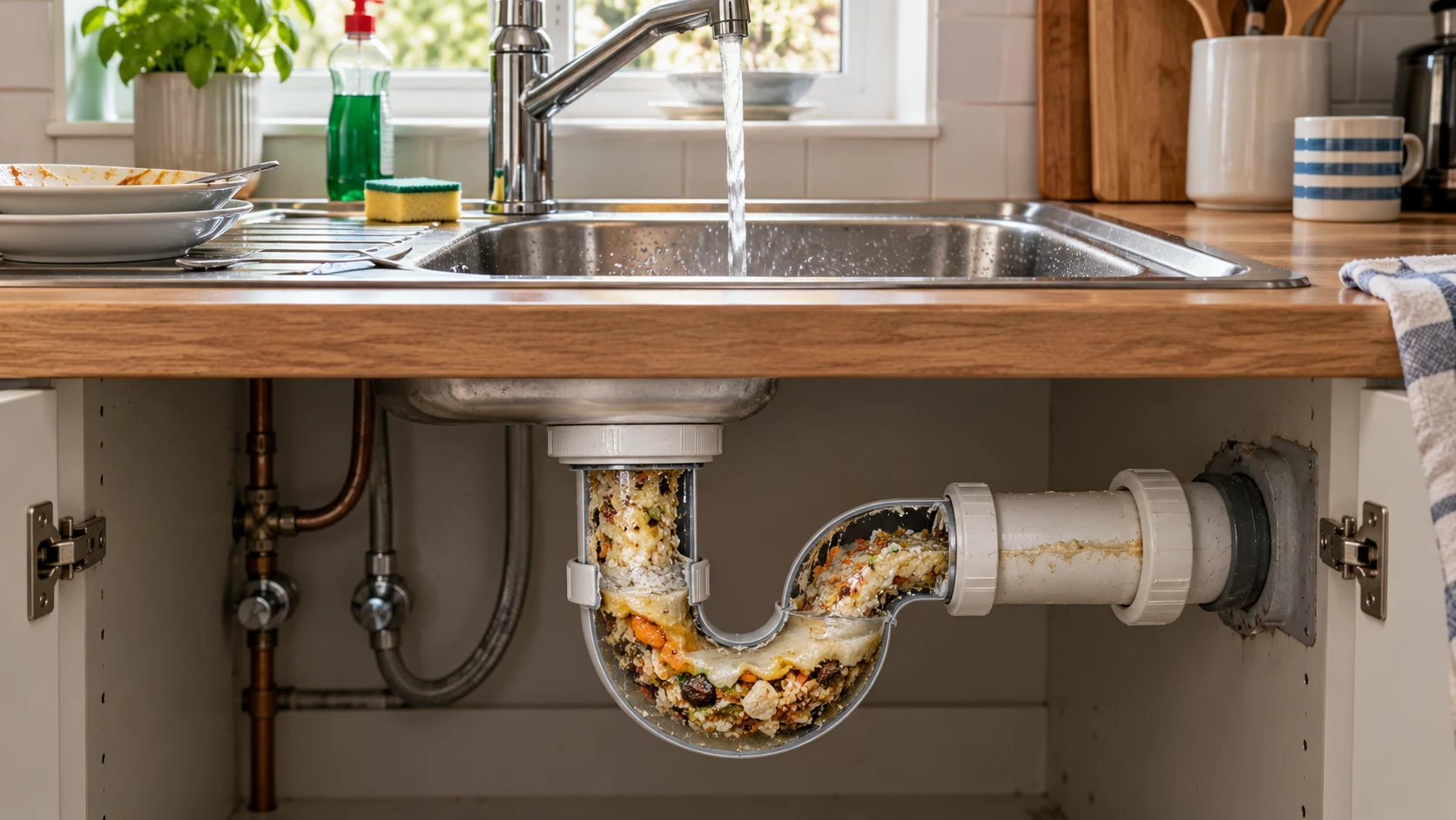 Cutaway of a kitchen sink waste pipe clogged with grease and food debris