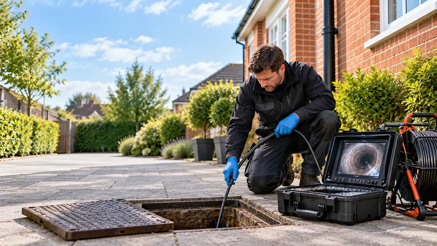 CCTV drain survey camera and monitor beside an open inspection chamber