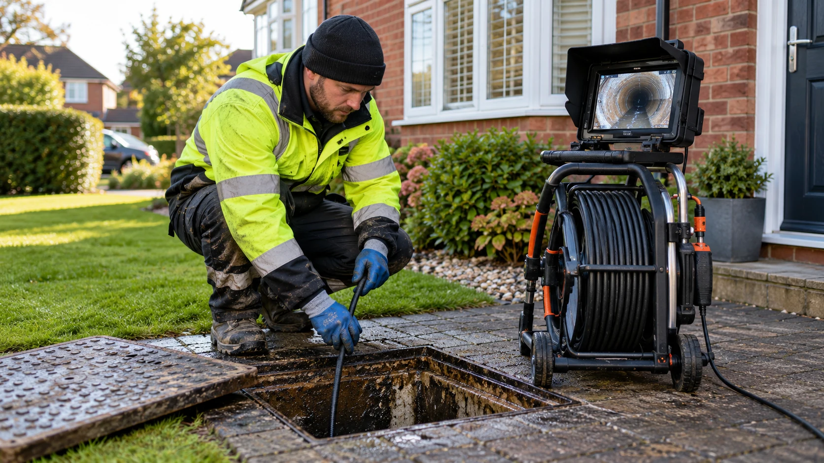 Drain engineer carrying out a CCTV survey at an inspection chamber outside a house