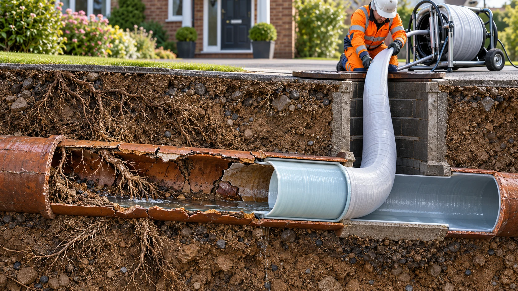 Drain relining sleeve being installed through a manhole into a damaged pipe