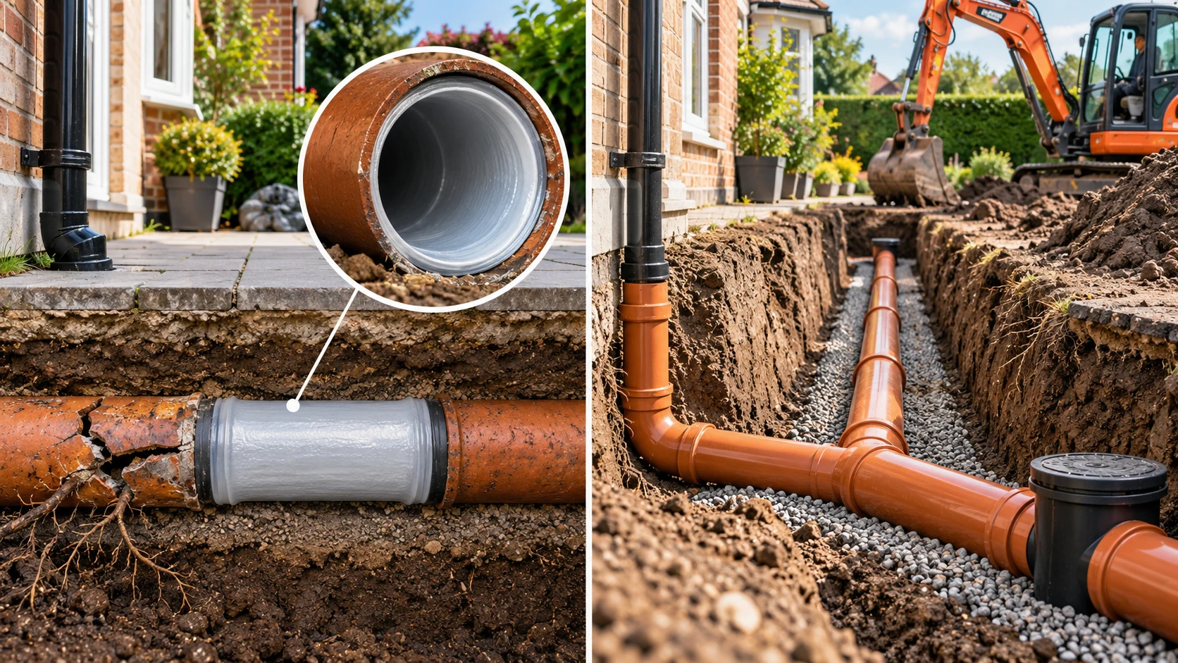 Comparison showing a localised drain repair and a full excavation replacement