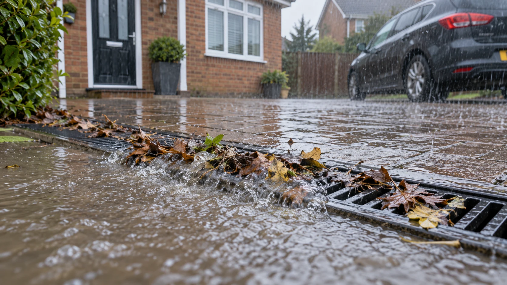 Driveway channel drain overflowing in heavy rain because the grate is blocked with leaves