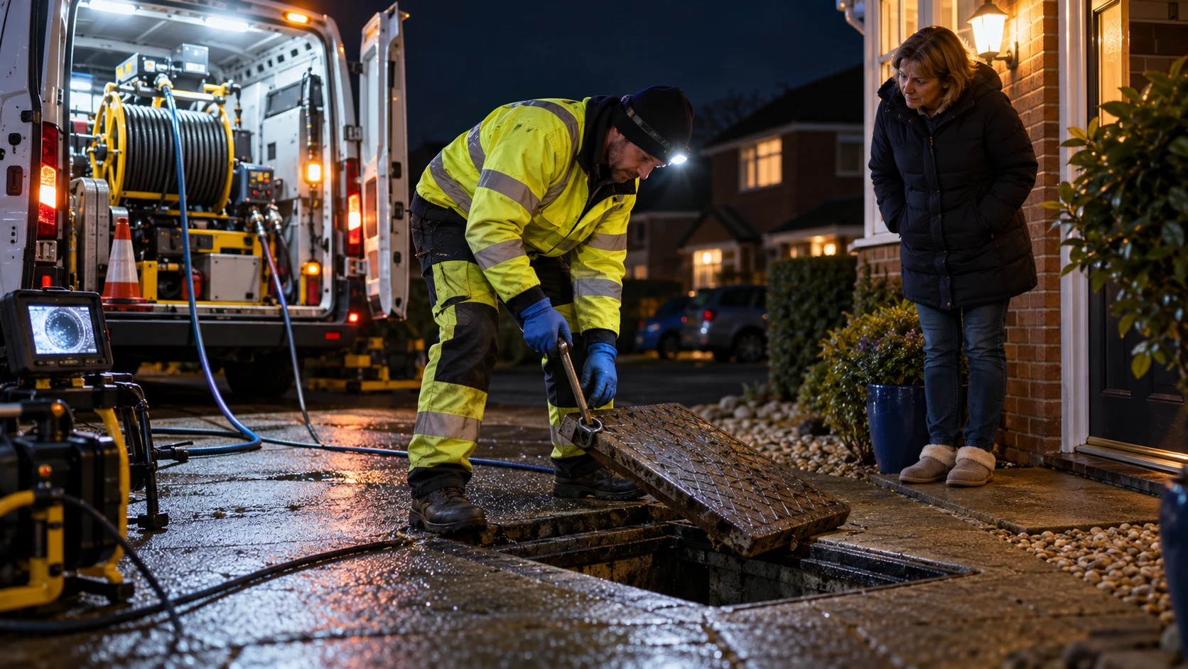 Night-time emergency drainage engineer opening a chamber while a homeowner watches