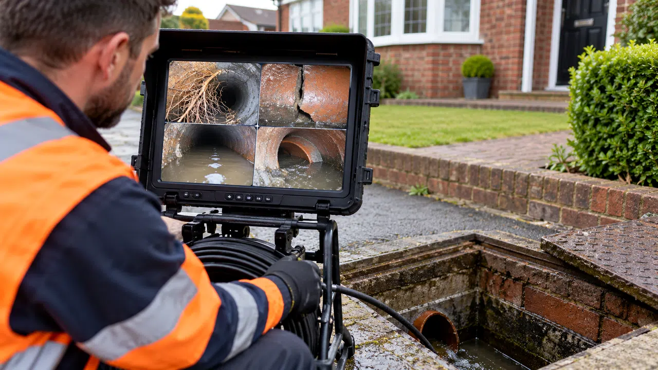 Drainage specialist reviewing camera footage from a household drain