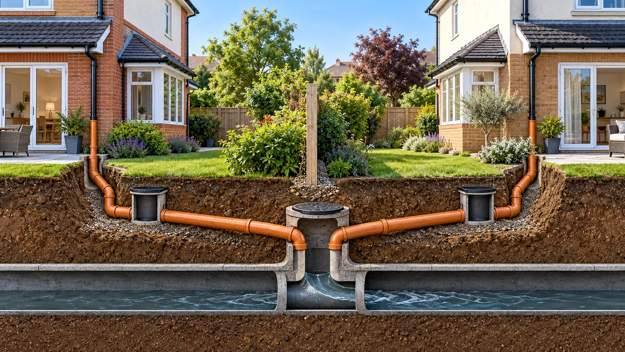 Illustration of drainage shared between adjacent domestic properties