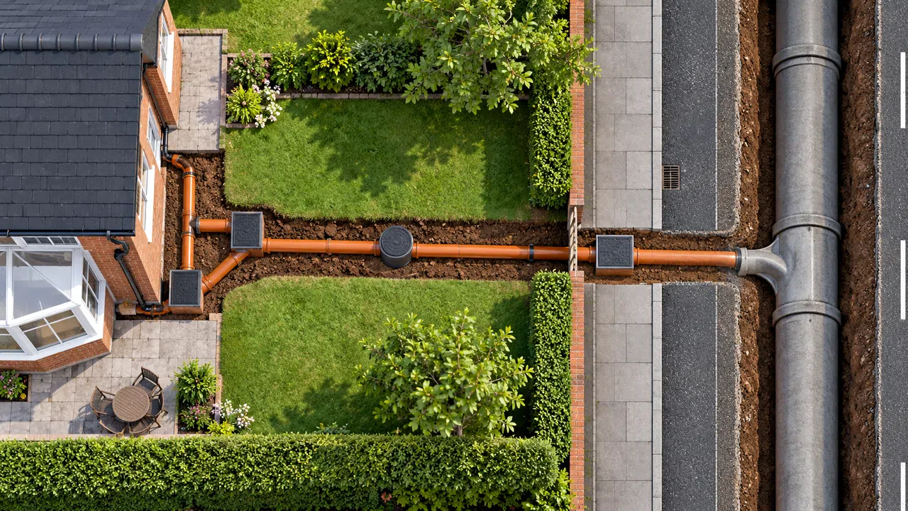 Illustration of downpipe and underground drainage arrangements outside a house
