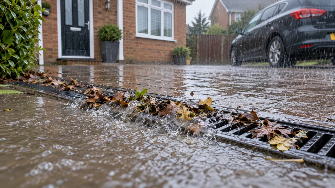 Leaves and rainfall accumulating at a blocked external drain