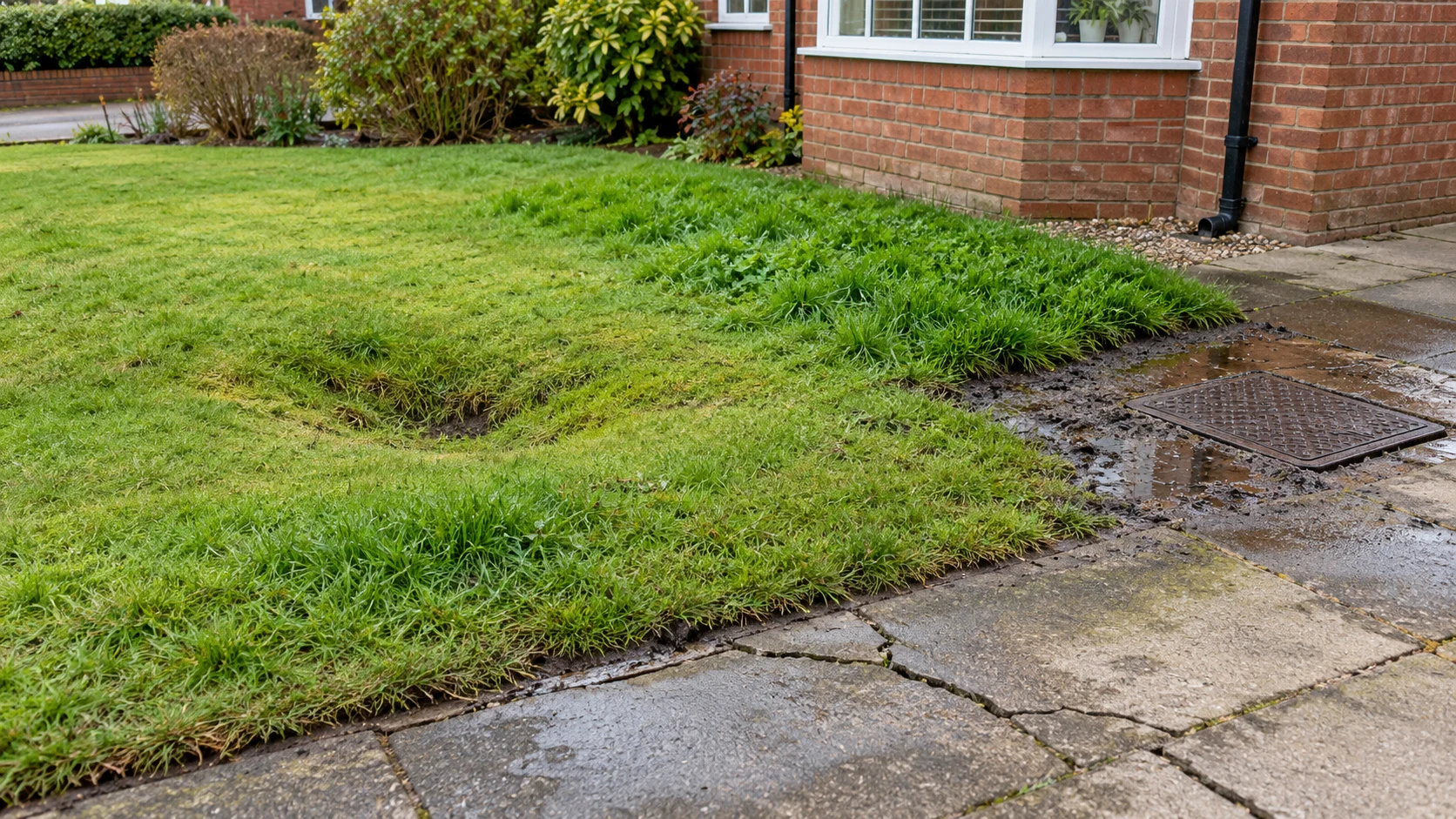 Uneven paving and wet ground near a suspected damaged underground drain