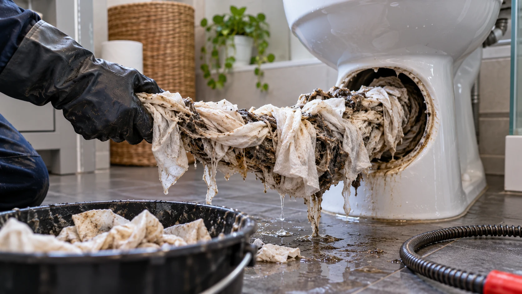 Large mass of wet wipes being pulled from a blocked toilet drain